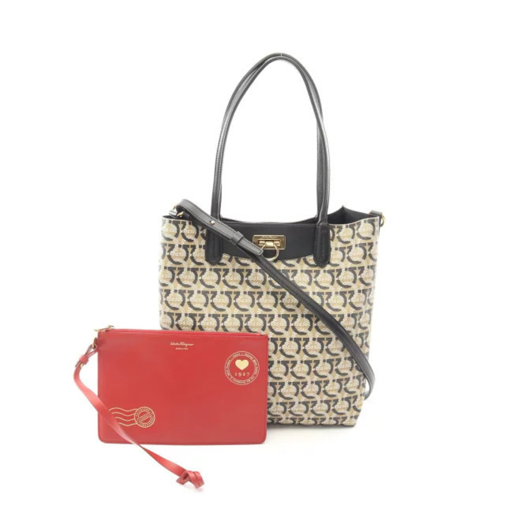 Salvatore Ferragamo Gancini Tote Bag Canvas Leather Beige Cream Black